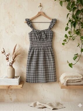 WAYF Black White Gingham Smocked Waist Mini Dress XS NWT